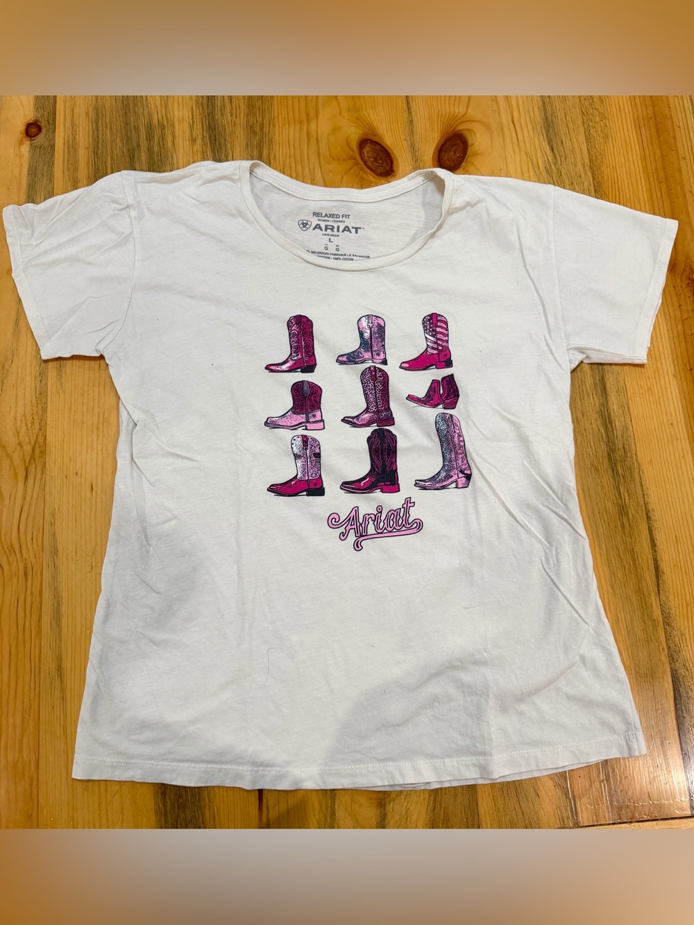 Ariat White Tee with Pink Cowboy Boot Motif